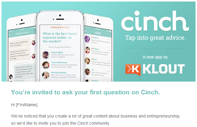Cinch email from Klout.com