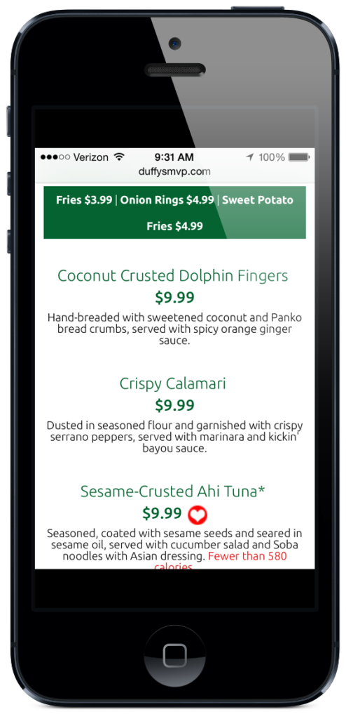 Duffy's MVP Menu Mobile