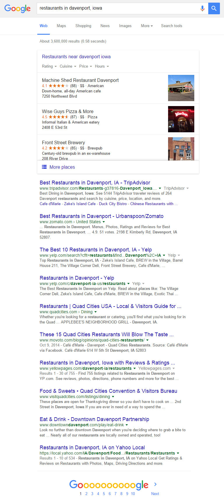 Google Restaurants Davenport Iowa