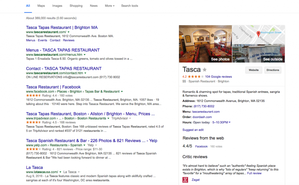 Google's Restaurant local search
