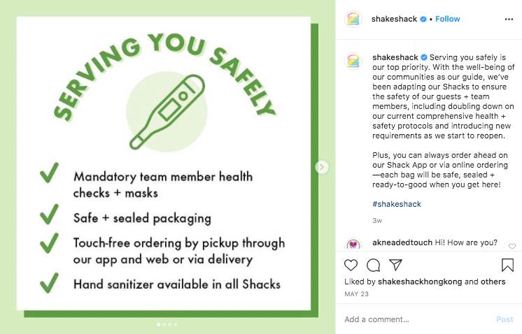 Shake Shack shares their restaurant safety plan through Instagram
