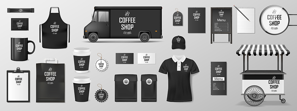 Collection of restaurant brand items, such as uniforms, cups, menus, and food truck.