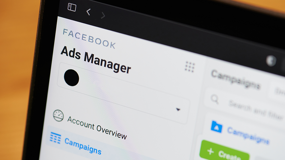 Close up of a computer screen showing the Facebook Ads Manager homepage