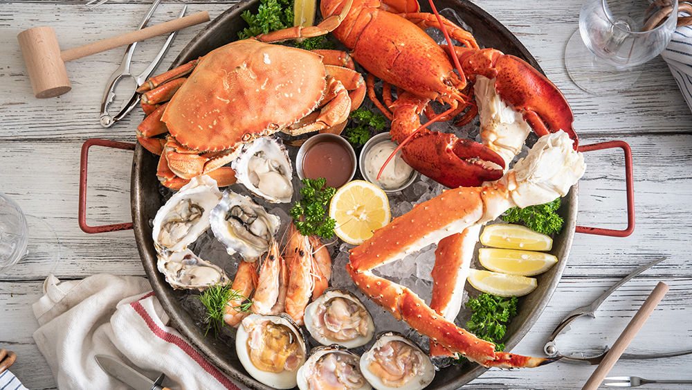 Overhead shot of variety of local seafood