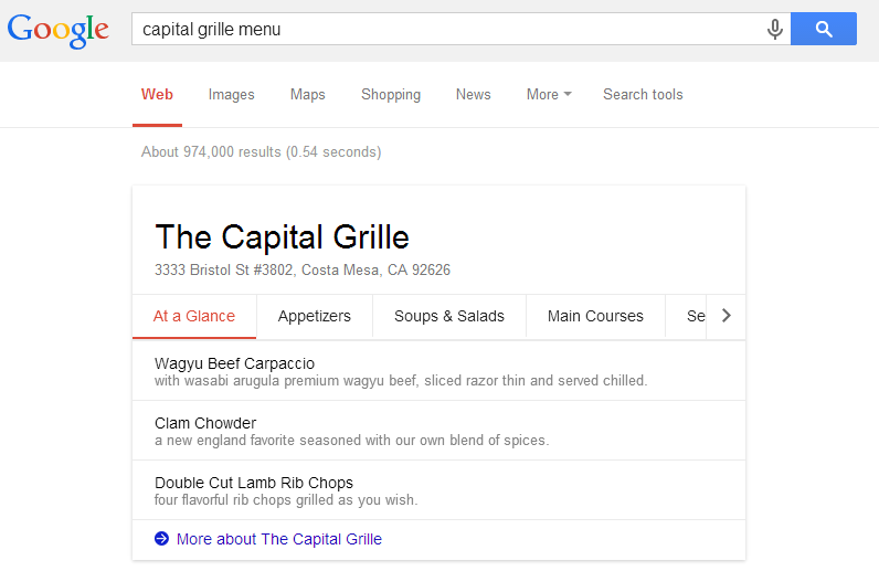 Capital Grille Menu Screenshot