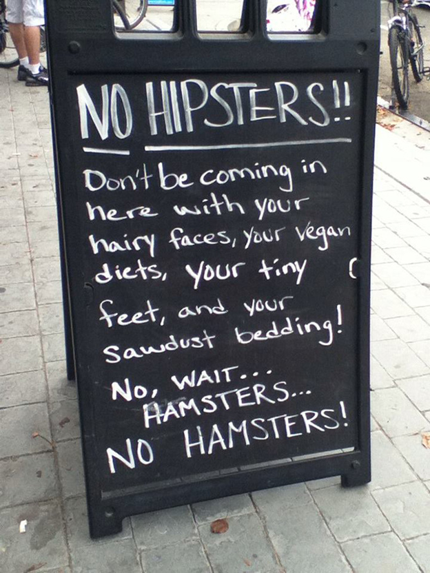 Restaurant chalkboard art with a joke about hampsters and hipsters.