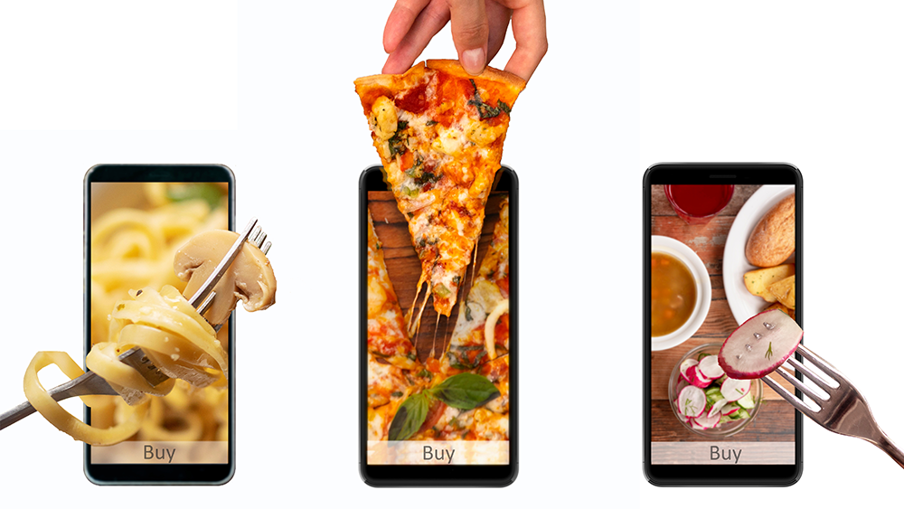 Three smartphones displaying images of restaurant food and utensils and/or hands pulling some of those foods out of the phone.