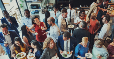 Overhead shot of guests at a restaurant enjoying a private event party