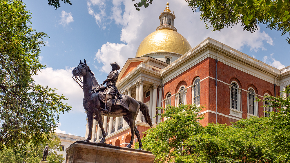 Bronze statue of General Joseph Hooker at the entrance of Massachusetts State House